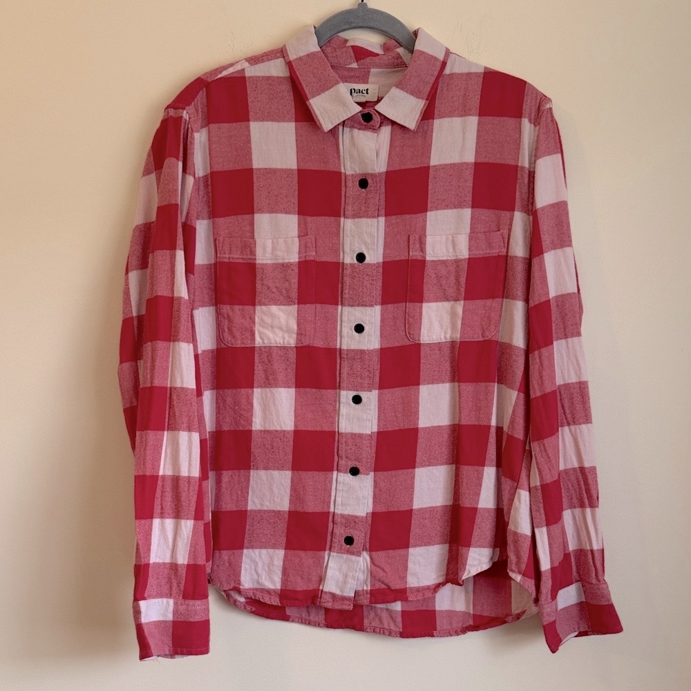 Pact Women’s 100% Organic Cotton Flannel Gingham Button Front Size Large